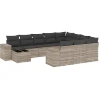 vidaXL 11-tlg. Garten-Sofagarnitur mit Kissen Hellgrau Poly Rattan