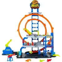 Hot Wheels City Mega-Parkgarage-Spielset mit 1 Die-Cast-Spielzeugauto und 1 Spielzeug-Hubschrauber im Maßstab 1:64, Fahrzeug- & Schienen-Set, 4 Jahr(e), Kunststoff, Mehrfarbig