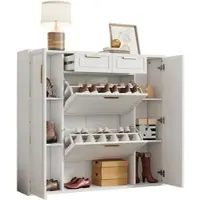 OKWISH Schuhschrank 120x24x107 Weiß mit verstellbaren Regalen 2 Schubladen goldene Griffe MDF Spanplatte Flur Anti-Kipp