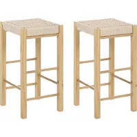 Beliani Barhocker 2er Set Hellbraun Gummibaumholz 66 cm hoch ohne Lehne mit Fußstütze Geflochtene Sitzfläche Boho Design Holzhocker Sitzhocker