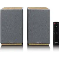 Lenco SPB-241WDGY - Set aus 2 HiFi Stereo Bluetooth Lautsprechern - Kraftvoller Klang in stilvollem Design - Holz/Grau