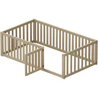 STILVORA Kinderbett 90x200 Massivholzbett mit Vollabtrennung,Holzbodenbett mit Zaun und Tür, Ohne Lattenrost,Natur(Ohne Matratze)