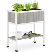 Relaxdays Hochbeet Holz, Pflanzbeet auf Stelzen, HBT: 80,5 x 74 x 38 cm, Garten, Balkon & Terrasse, mit Folie, grau-weiß