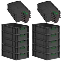 Proregal SuperSparSet 10x Eurobox Nextgen Color Mit Scharnierdeckel HxBxT 17x40x60cm 34 Liter Schwarz Griffe Grün Geschlossen Eurobehälter