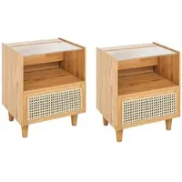 Costway Rattan-Nachttisch, 2er-Set, Bambus-Nachttisch mit Schublade, Beistelltisch mit Glasplatte und offenem Fach