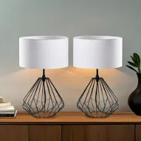 Opviq , Hochwertiges Tischlampen-Set (2 Stück), Schwarz, 25 x 25 x 43 cm | Metallkörper, Stoffschirm, 200 cm Kabel, E27 Fassung, IP20 | Perfekt für modernes Wohnen, industrieller Stil.