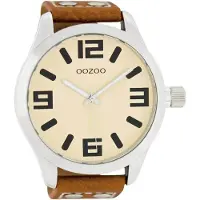 Oozoo Damen XXL Armbanduhr 52 mm Quarz, Rosa Zifferblatt, Lederarmband mit Nieten, Mineralglas, Schnallenverschluss, Basic Design Uhr
