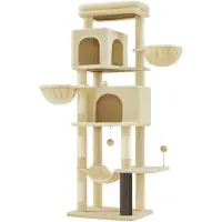 Feandrea Großer Kratzbaum, 174 cm hoher Turm, mehrstöckiges Katzenmotel mit 2 Höhlen, 2 Liegemulden, 5 Kratzstämmen, Fellpflegebürste, Sitzplatz, Hängematte, für Wohnungskatzen, Sandbeige