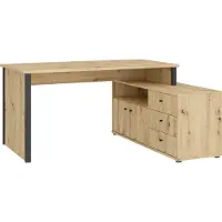 Forte TEMPRA 2 Schreibtisch 120, moderner Schreibtisch in L-Form mit Regal, 2 Türen, 3 Schubladen, Holzwerkstoff, Artisan Eiche Holzdekor/Schwarz, 120,6 cm breit x 74,9 cm hoch x 151,4 cm tief