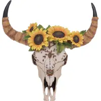 Mendler Deko Schädel MCW-Q10, Polyresin Stier Bulle Longhorn Kopf Trophäe mit Verzierung Sonnenblume, In-/Outdoor 42cm