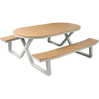 Axi Jax Picknicktisch Oval in Sandy Beige mit Teak Holz Look für 6 Personen | Picknick Tisch mit integrierten Bänken für Erwachsene aus Aluminium & Polywood | Set für den Garten | 200 x 190 x 75 cm