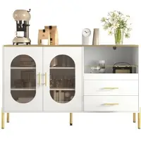 STILVORA Sideboard Kommode 140x38x90 Weiß mit 2 Schubladen 2 Glastüren Regalböden Kabeldurchführungen goldene Griffe Beine MDF