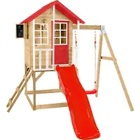 50nrth Zwerkules, Holzspielhaus / Stelzenhaus "Lolla 2", natur / rot, mit Rutsche und Schaukel