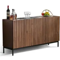 OKWISH Sideboard 150x40x80 cm in Dunkelbraun, 3 Türen mit 3D-Wellendesign, verstellbare Einlegeböden, Push-to-open, Stahlrahmenbeine