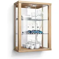 K-Möbel Hängevitrine in Buche (80x60x25 cm) mit 2 höhenverstellbaren Glasböden, Spiegel & LED - Modellauto Vitrine Buche - Vitrinenschrank Buche