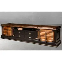 Casa Padrino Luxus Vintage Stil TV Schrank Braun / Naturfarben / Schwarz 255 x 48,5 x H. 61 cm - Vintage Stil Sideboard mit 2 Türen und 4 Schubladen - Luxus Vintage Stil Wohnzimmer Möbel
