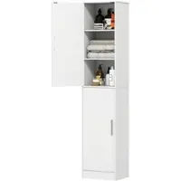 OKWISH Badezimmer Hochschrank 40x35x180 cm Weiß mit 2 Türen 6 Fächern verstellbaren Regalböden Holzoptik silberfarbenen Griffen