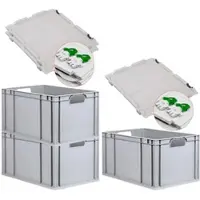 Proregal SuperSparSet 3x Eurobox NextGen Economy mit Scharnierdeckel & grünen Verschlüssen, Griffe offen, HxBxT 32x40x60cm, 65L, Eurobehälter, Box