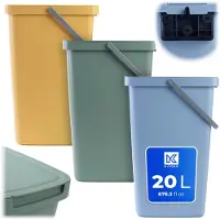 Kadax Abfallbehälter 20L, 3er Set, mit Deckel und Griff, Abfalleimer aus Plastik, Mülleimer, Abfallsammler (Grün, Gelb, Blau)