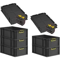 Proregal SuperSparSet 5x Eurobox NextGen Color mit Scharnierdeckel & Verschlüssen, HxBxT 22x40x60cm, 44L, Schwarz, Griffe gelb zu, Eurobehälter