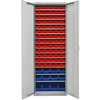 Proregal Flügeltürenschrank Owl mit 15 Fachböden + 90 Sichtlagerkästen | HxBxT 195x71x30cm | Lichtgrau