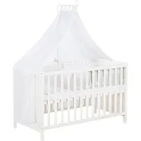 Roba Mulitfunktionsbett Sterne grau mit Beistellfunktion, Lattenrost, Matratze, Bettreduzierer, Himmel, Himmelstange, Kinderbett, Anstellbett, Babybett, höhenverstellbar, Liegefläche 60x120 cm, weiß