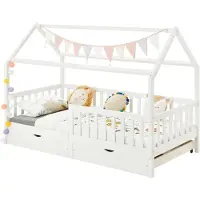 Idimex Hausbett NUNA aus massiver Kiefer, Montessori Bett in 90 x 200 cm mit Rausfallschutz, Spielbett mit Schubladen, modernes Kinderbett mit Dach in weiß