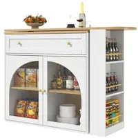 OKWISH Bartisch ausziehbar Weiß 204x39x104 cm mit Stauraum 360 Grad drehbar, Seitenregal, Glastüren, modern für Küche Home Bar und Büro