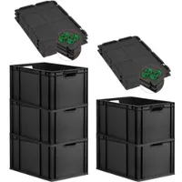 Proregal SparSet 5x Eurobox NextGen Grip mit Auflagedeckel & 4 grünen Verschlüssen, HxBxT 32x40x60cm, 65L, Schwarz, Griffe offen, Eurobehälter