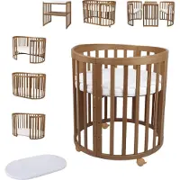 Waldin Mobiles Babybett OWAL aus Holz 7in1 mit Matratze, mitwachsend,Ohne Stoffset,Holz Vintage