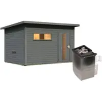 Karibu Chillroi 38mm Saunahaus Melo 6 Terragrau mit Ofen 9kW Integrierte Steuerung