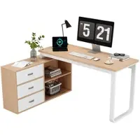 STILVORA Schreibtisch 147x100x75 cm mit 3 Schubladen und 2 offenen Fächern, MDF Platte 18 mm, Stahlrohrgestell, Natur+Weiß