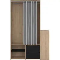 Ebuy24 Kimmy Offener Kleiderschrank, mit Vorhang, 2 Schubladen, Schuhschrank Walnuss Nachbildung, matt schwarz, Vorhang hellgrau.