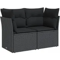 vidaXL Gartensofa mit Kissen 2-Sitzer Schwarz Poly Rattan