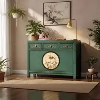 OPIUM OUTLET Möbelset "Aurora" asiatisch chinesisch orientalisch vintage, Kommode Schrank, 2 Nachttische Nacht-Konsolen, smaragd-grün