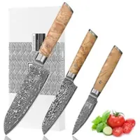 Zayiko Kinone 3er Damastmesser-Set I 8-17 cm Klingen I Wurzelholzgriffe Birke