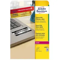 Avery Typenschildetiketten L6009-8, extrem robust, geeignet für SW-Laserdrucker, 45,7 x 21,2 mm, 384 Stück/8 A4-Bogen, Polyesterfolie, silber