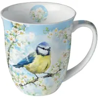 Ambiente Tasse mit Blaumeise und Blütenmotiv 10cm Porzellan - 0,4L Keramiktasse Porzellangeschirr Kaffeetasse Teetasse Kakaotasse Frühlingsgeschirr Vogelmotiv