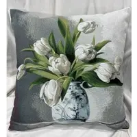Casa Padrino Luxus Deko Kissen Blumen mit Vase Grau / Weiß / Mehrfarbig 45 x 45 cm - Bedrucktes Zierkissen mit edlem Gobelin Stoff - Luxus Deko Accessoires