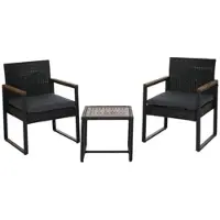 Mendler Poly-Rattan Garnitur HWC-P74, Lounge-Set Garten 2x Stuhl Tisch, Akazie Holz Stoff 180g/m² schwarz, Polster grau
