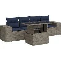vidaXL 5-tlg. Garten-Sofagarnitur mit Kissen Grau Poly Rattan Akazie