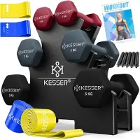 Kesser Hantel-Set, 3 Paar, 1kg - 5kg, 12kg oder 18kg kurzhanteln mit Ständer Aufbewahrung, Fitnessstudio, Krafttraining, Hantelset rutschfeste Neopren, Mit Übungsheft, 2x Fitnessbänder