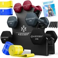 Kesser Hantel-Set, 3 Paar, 1kg - 5kg, 12kg oder 18kg kurzhanteln mit Ständer Aufbewahrung, Fitnessstudio, Krafttraining, Hantelset rutschfeste Neopren, Mit Übungsheft, 2x Fitnessbänder
