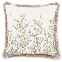 Casa Padrino Luxus Deko Kissen Sträucher mit Blumen & Vögel Weiß / Mehrfarbig / Braun 45 x 45 cm - Bedrucktes Samt Kissen mit Fransen - Luxus Deko Accessoires