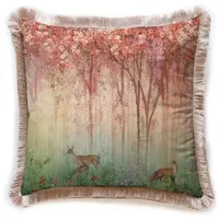 Casa Padrino Luxus Deko Kissen Wald & Tiere Mehrfarbig / Braun 45 x 45 cm - Bedrucktes Samt Kissen mit Fransen - Luxus Deko Accessoires