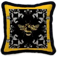 Casa Padrino Luxus Deko Kissen Hummel & Blumen Mehrfarbig / Schwarz 45 x 45 cm - Bedrucktes Samt Kissen mit Fransen - Luxus Deko Accessoires