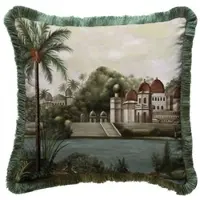 Casa Padrino Luxus Deko Kissen Palast Mehrfarbig / Grün 45 x 45 cm - Bedrucktes Samt Kissen mit Fransen - Luxus Deko Accessoires