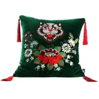 Casa Padrino Luxus Deko Kissen mit Troddeln Cat Grün / Mehrfarbig 45 x 45 cm - Feinster Samtstoff - Wohnzimmer Kissen