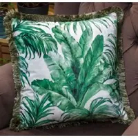 Casa Padrino Luxus Deko Kissen Palmenblätter Design Weiß / Grün 45 x 45 cm - Bedrucktes Samt Kissen mit Fransen - Wohnzimmer Deko