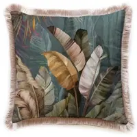 Casa Padrino Luxus Deko Kissen Sträucher Mehrfarbig / Braun 45 x 45 cm - Bedrucktes Samt Kissen mit Fransen - Luxus Deko Accessoires